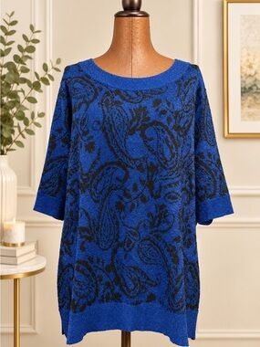 3for$20 JM Collection Blue and Black Paisley Short-Sleeve Knit Top
